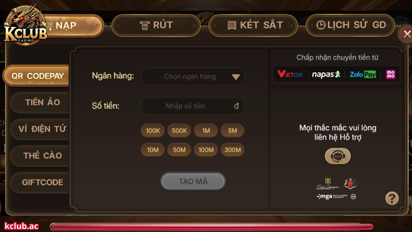 Các phương thức nạp tiền được cổng game Kclub hỗ trợ